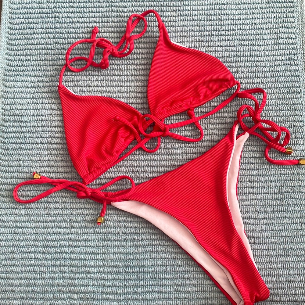 Sexy Red bikini Set (top and bottom) with side tie bottoms and gold charms